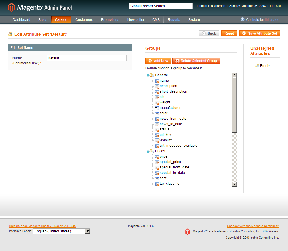 Atributos del grupo Default en Magento