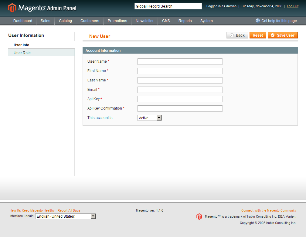 Nuevo usuario para el Web Service de Magento