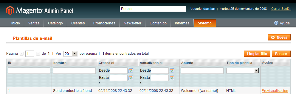 Listado de plantillas de correo en Magento