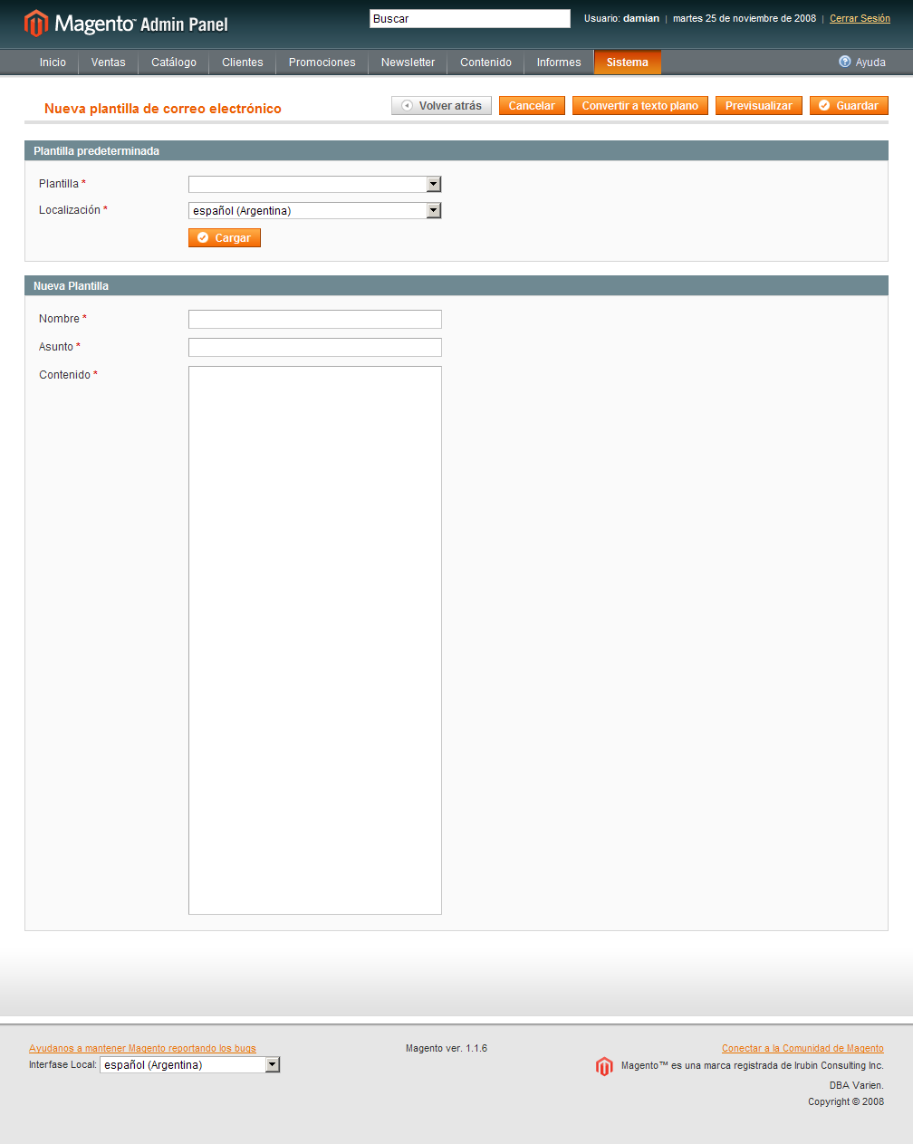 Componiendo una nueva plantilla de correo en Magento