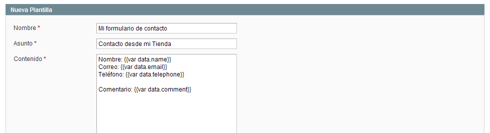 Composición de la plantilla de correo en Magento