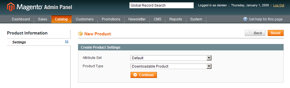 Seleccionado producto de tipo descargable en Magento