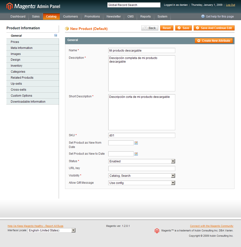 Datos generales del Producto descargable en Magento