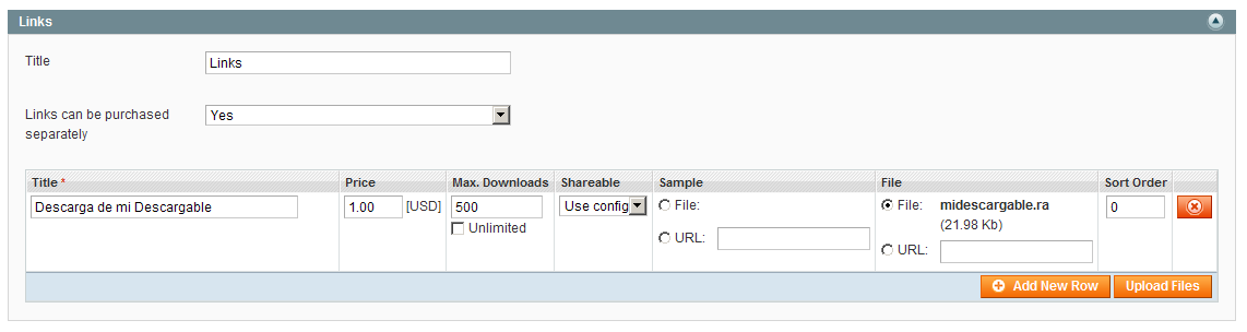 Configuración de links del Producto descargable en Magento