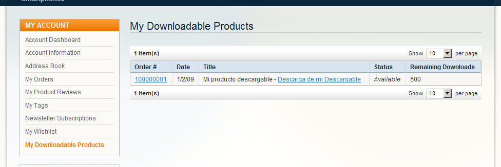 Descargando un Producto descargable en Magento