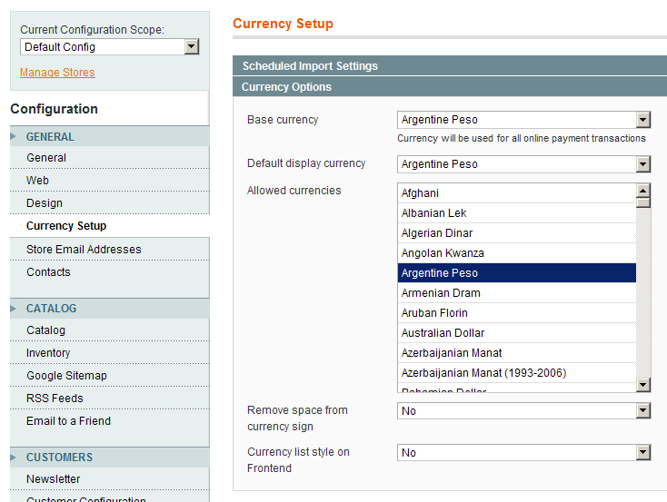 Nueva opción en la configuración de monedas en Magento