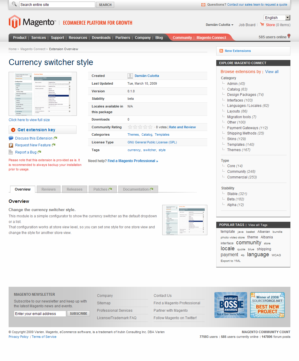 Página de la extensión Dc_CurrencySwitcher en Magento