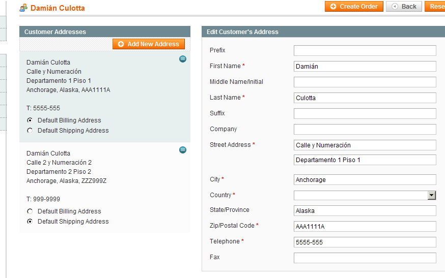 Direcciones de un cliente en Magento