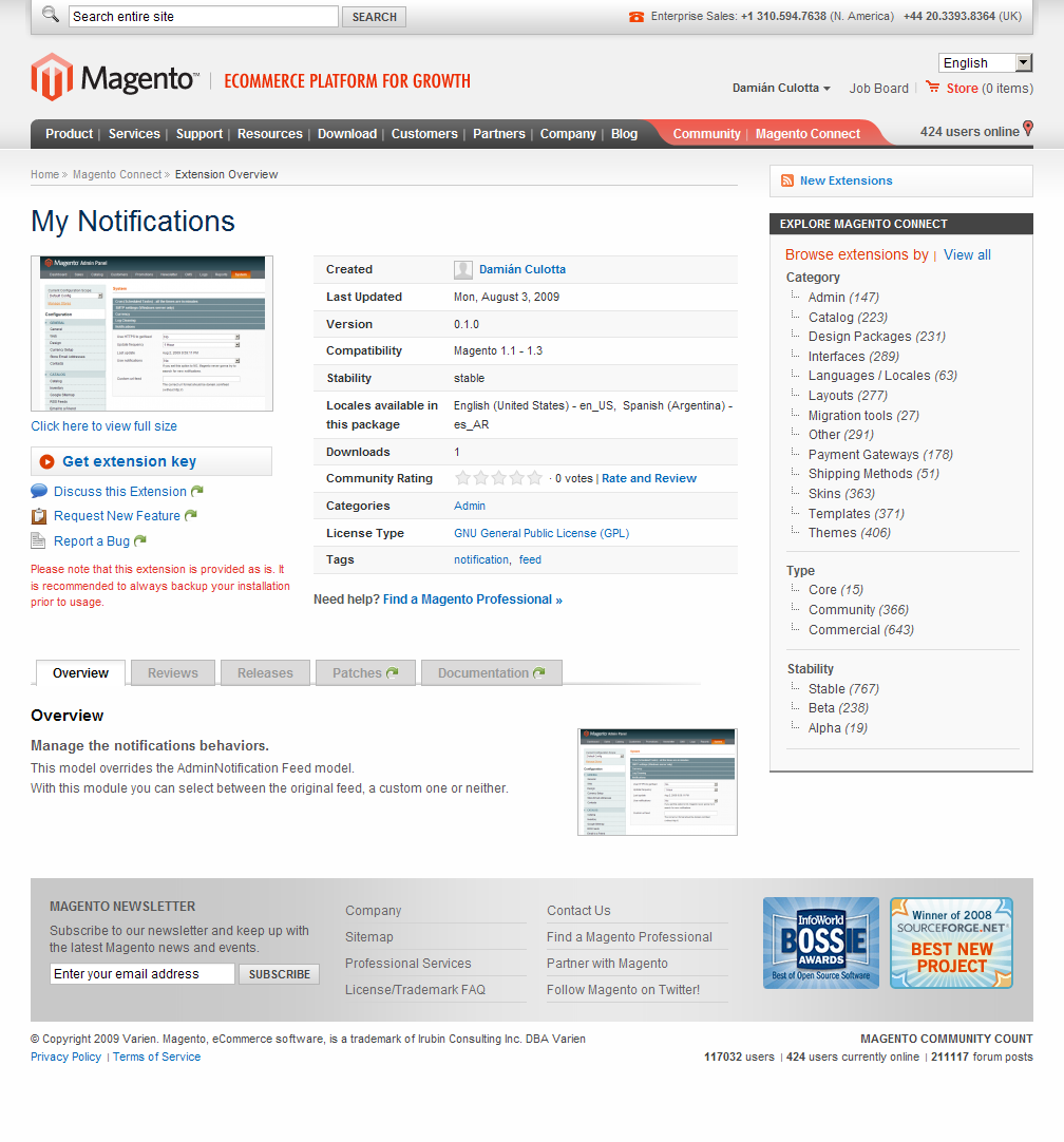 Página oficial de la extensión en los repositorios de Magento