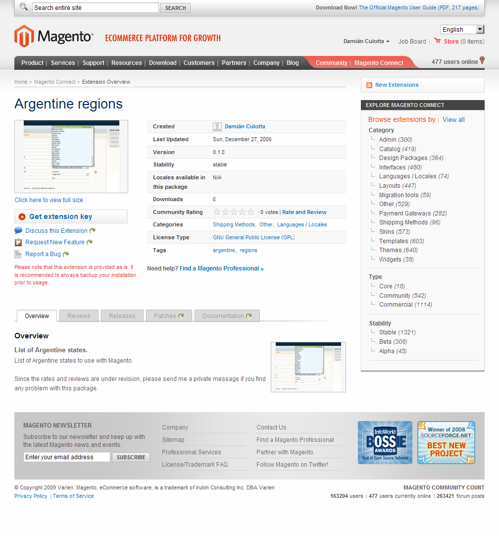 Página oficial de la extensión en los repositorios de Magento