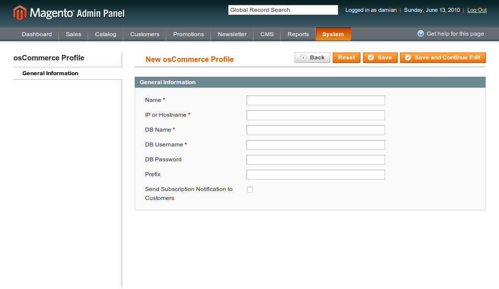 Configuración de los perfiles osCommerce dentro de Magento