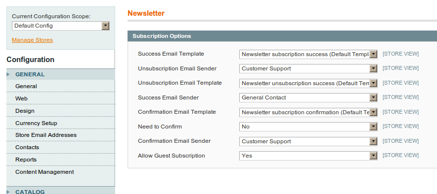 Opciones de configuración del Newsletter en Magento