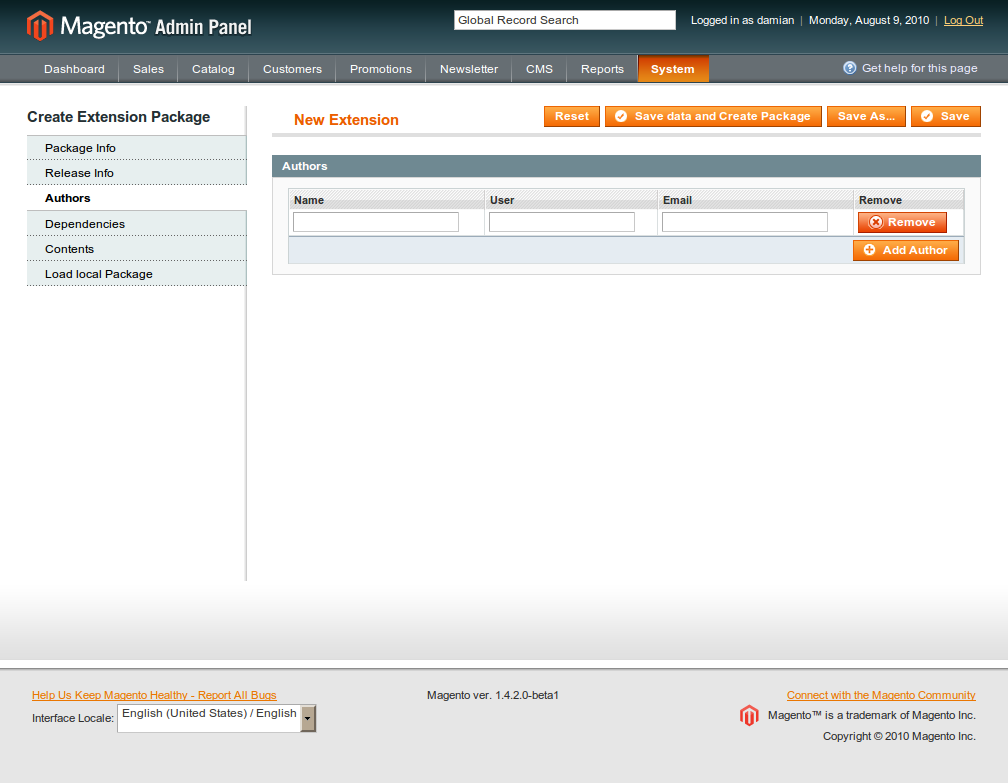 Información de los autores en el empaquetador de Magento
