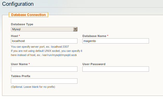 Configuración de base de datos en Magento