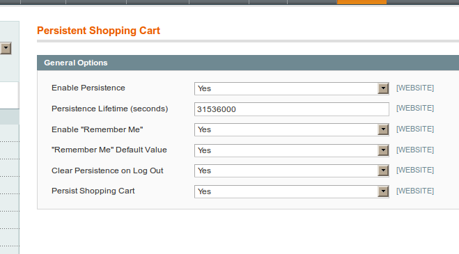 Lista de opciones posibles para Carrito Persistente en Magento