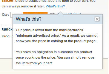 Tooltip explicando el MAP en Magento