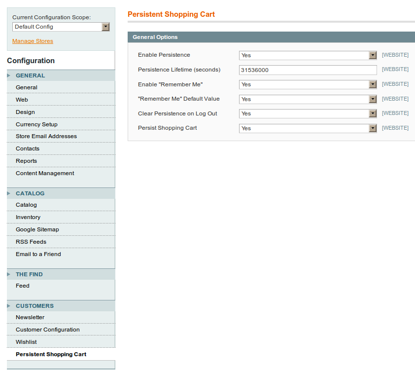 Configuración del carrito persistente en Magento