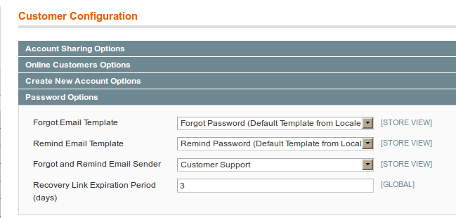 Parámetros para el reseto de contraseña en Magento