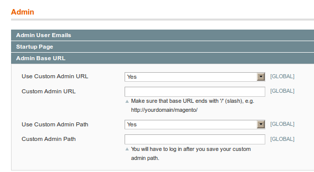 Opciones de configuración de URL personzalida para el backend en Magento