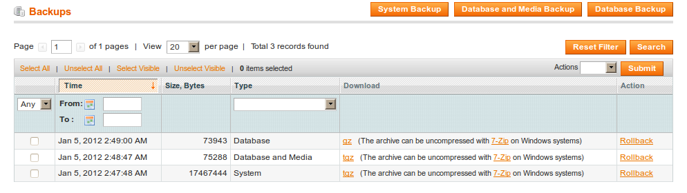 Tipos de backup de Magento