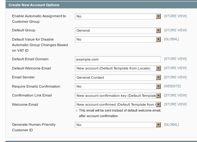 Opciones de configuración de clientes en Magento