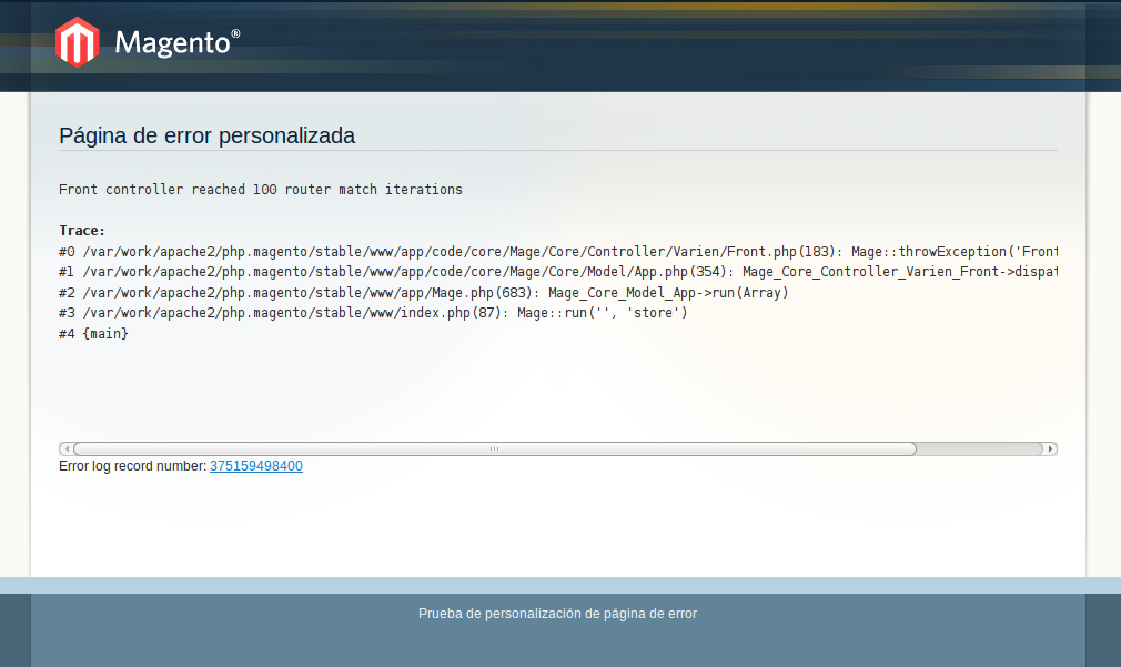 Error personalizado con traceroute en Magento