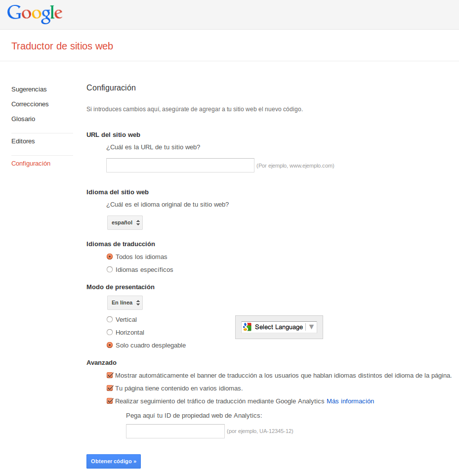 Configuración en Google Translate Toolkit