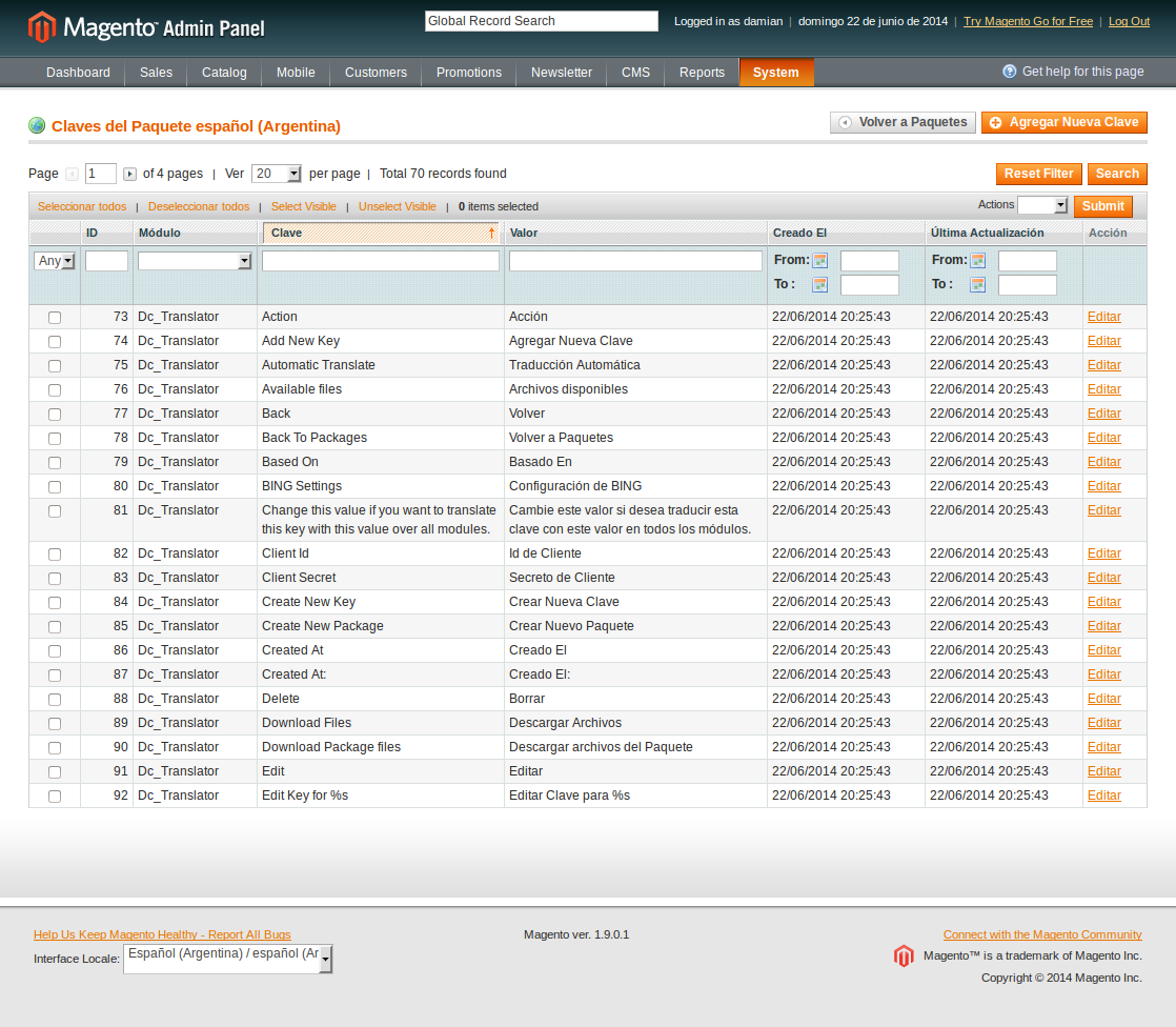 Lista de claves y traducciones en un paquete de idioma en Magento