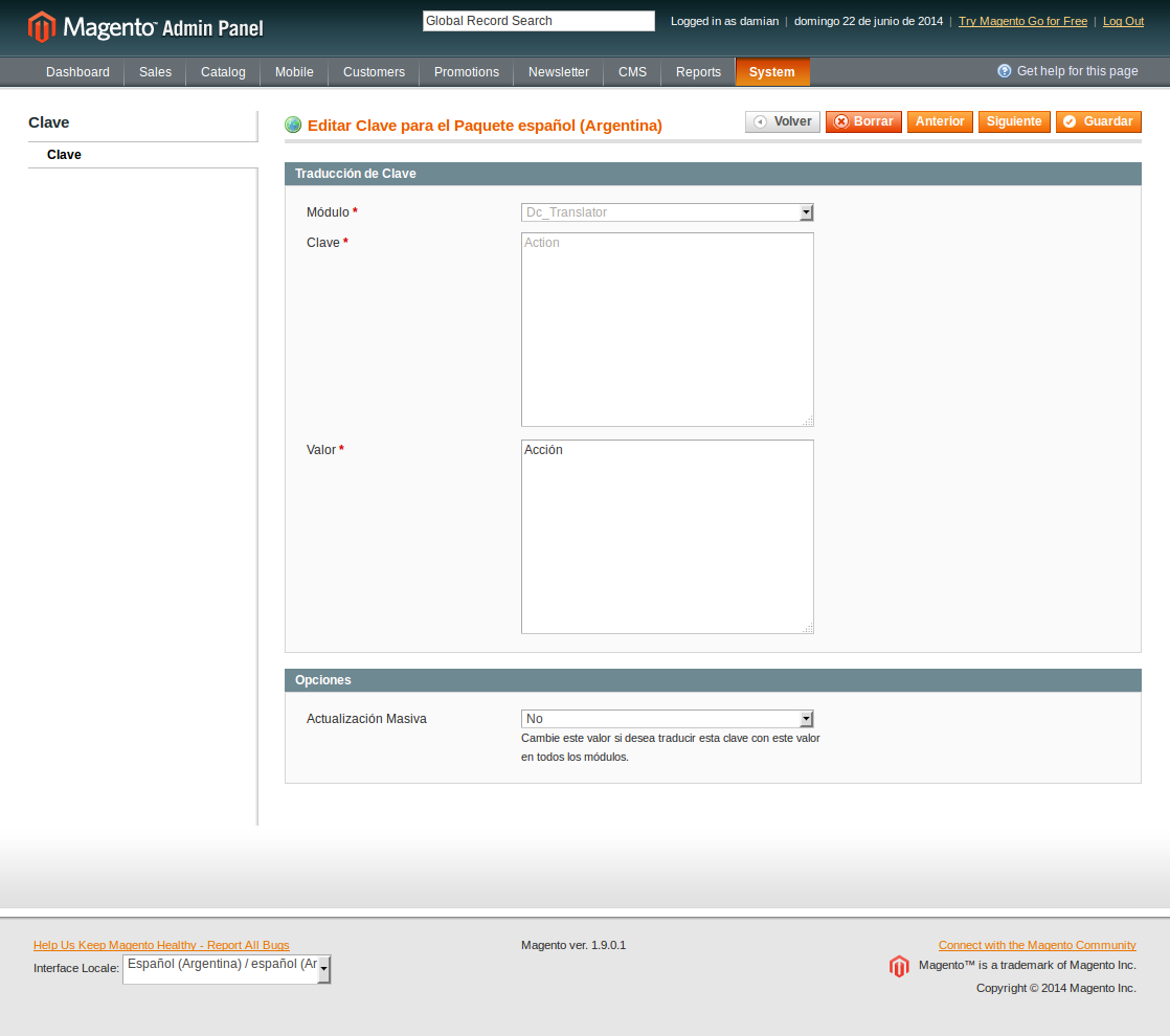 Edición de claves de traducción en Magento