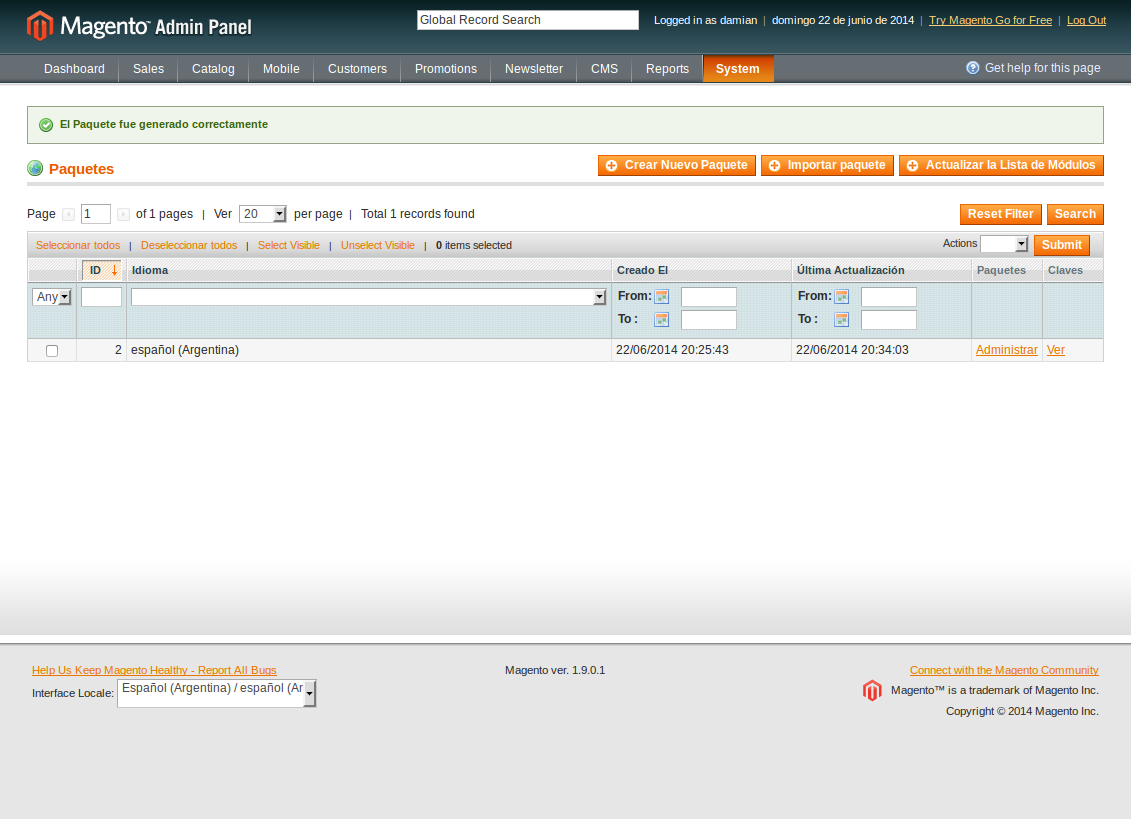 Paquete de idioma generado correctamente en Magento