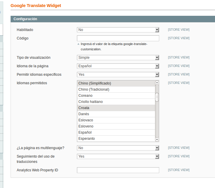 Configuración de Google Translate Widget en Magento