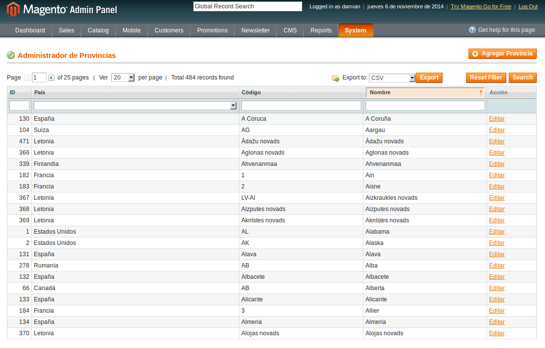 Grilla de provincias en Magento