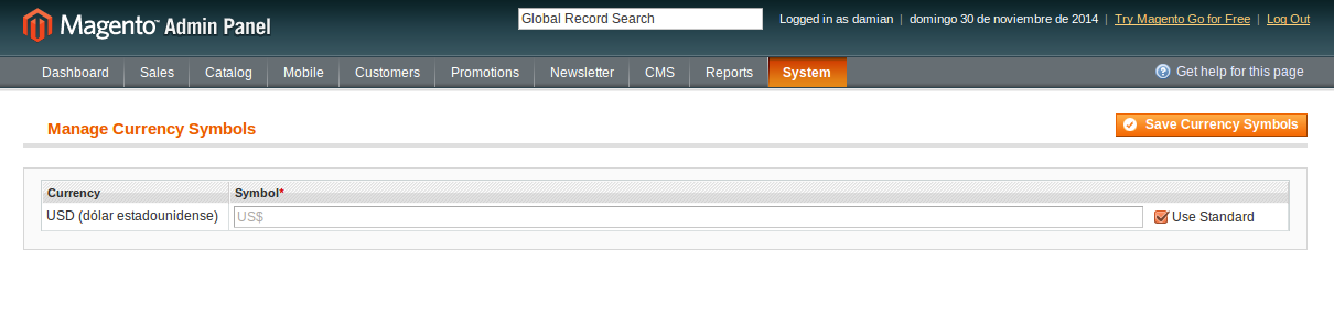 Administrador de símbolos de Moneda en Magento