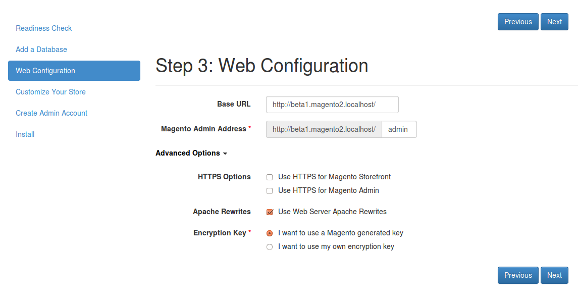 Configuración web de Magento2