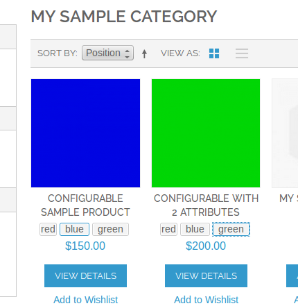 Vista de categoría con Configurable Swatches en Magento