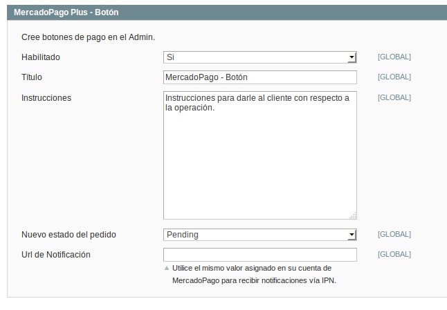 Opciones de configuración de pago con MercadoPago para Magento