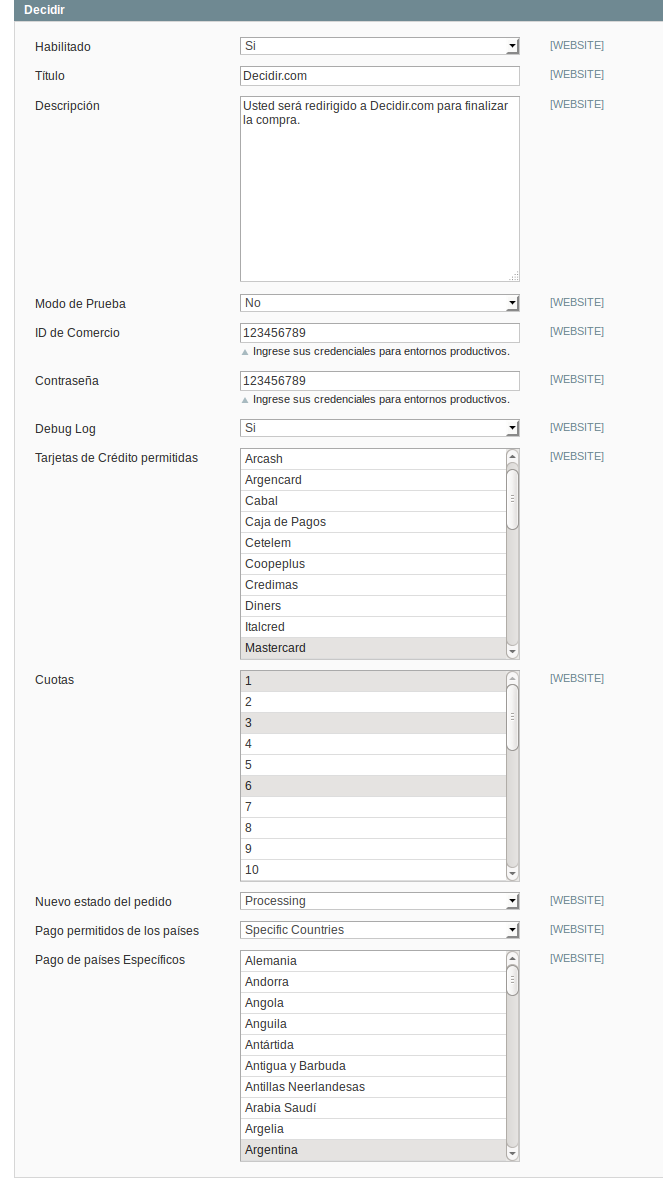 Configuración Decidir.com para Magento