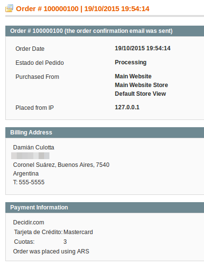 Detalle de un pedido con Decidir.com en Magento