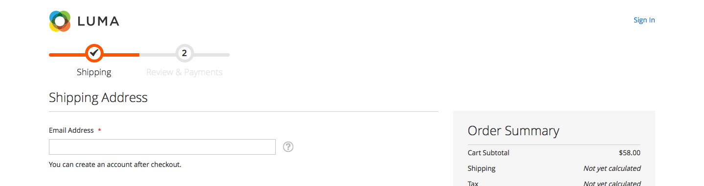 Primer paso del checkout de Luma en Magento2