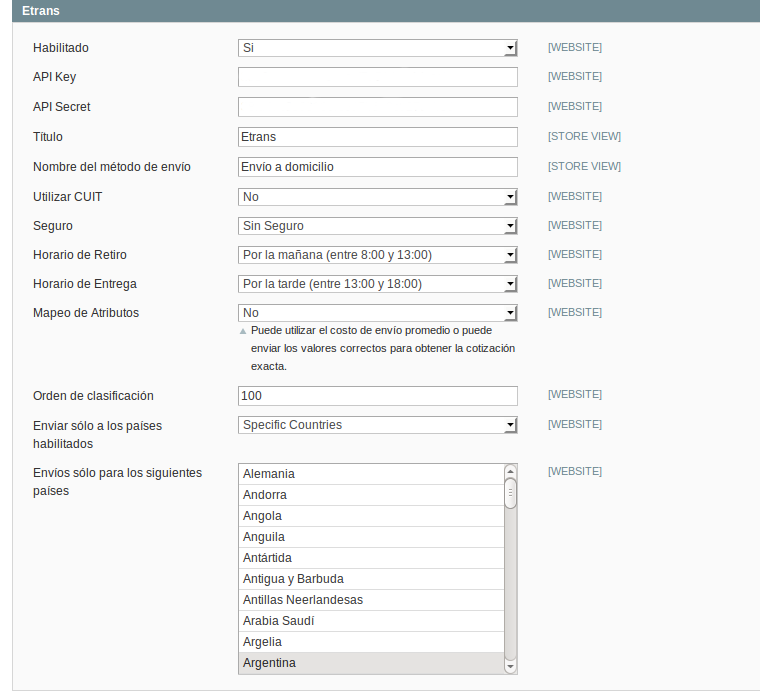 Configuración Dc_Etrans para Magento