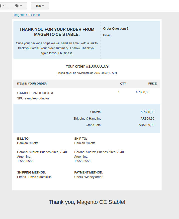 Correo electrónico de Pedido en Magento
