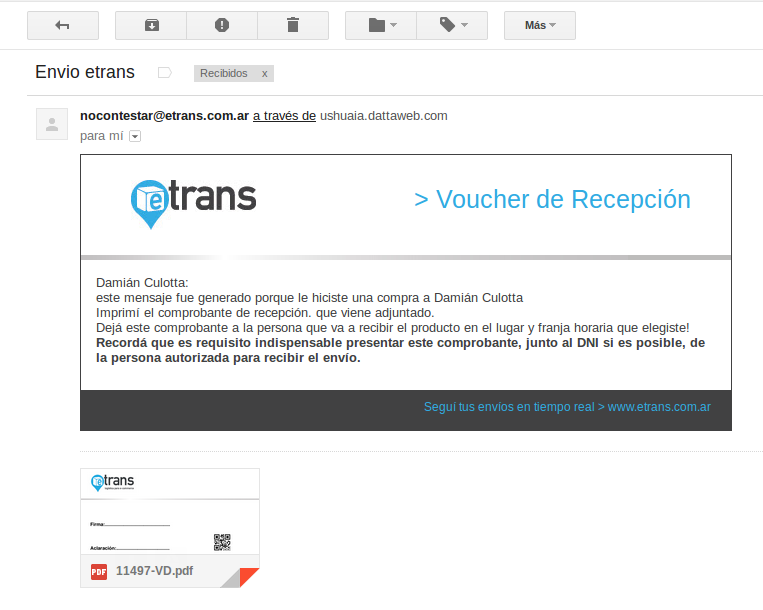 Email de envío de Etrans