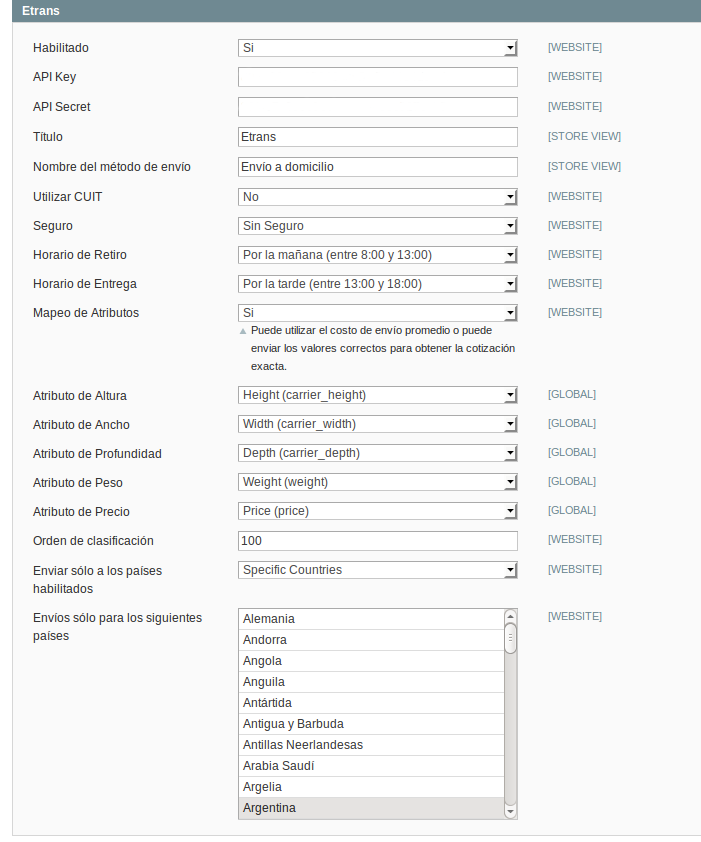 Opciones avanzadas de configuración de Etrans en Magento