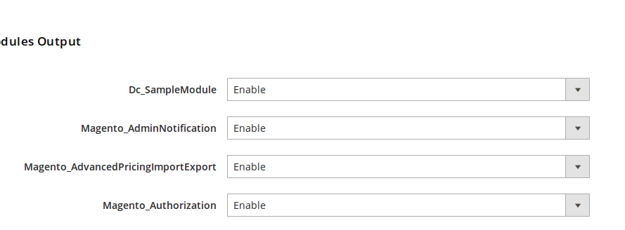 Listado de módulos habilitados en Magento2