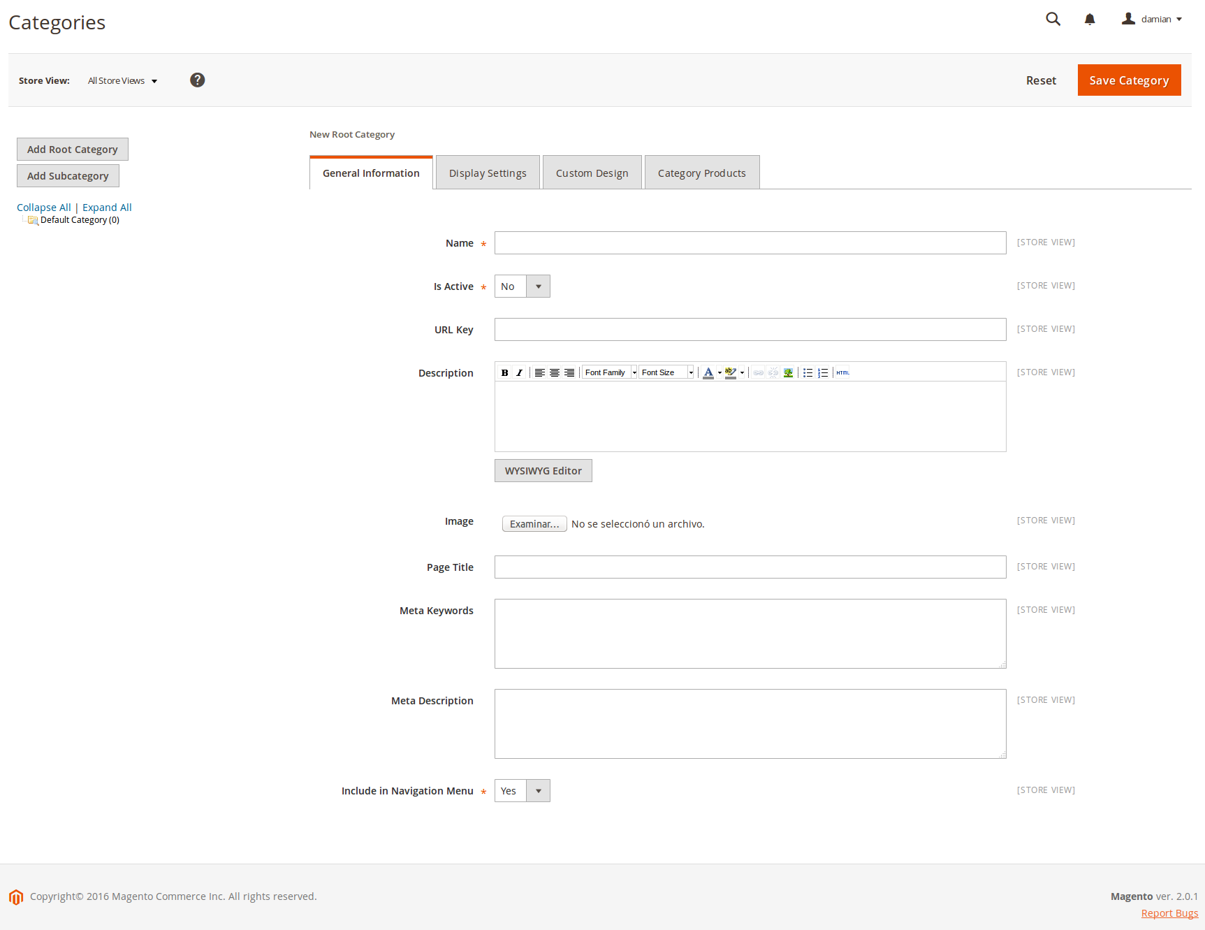 Formulario de edición de Categorías en Magento2