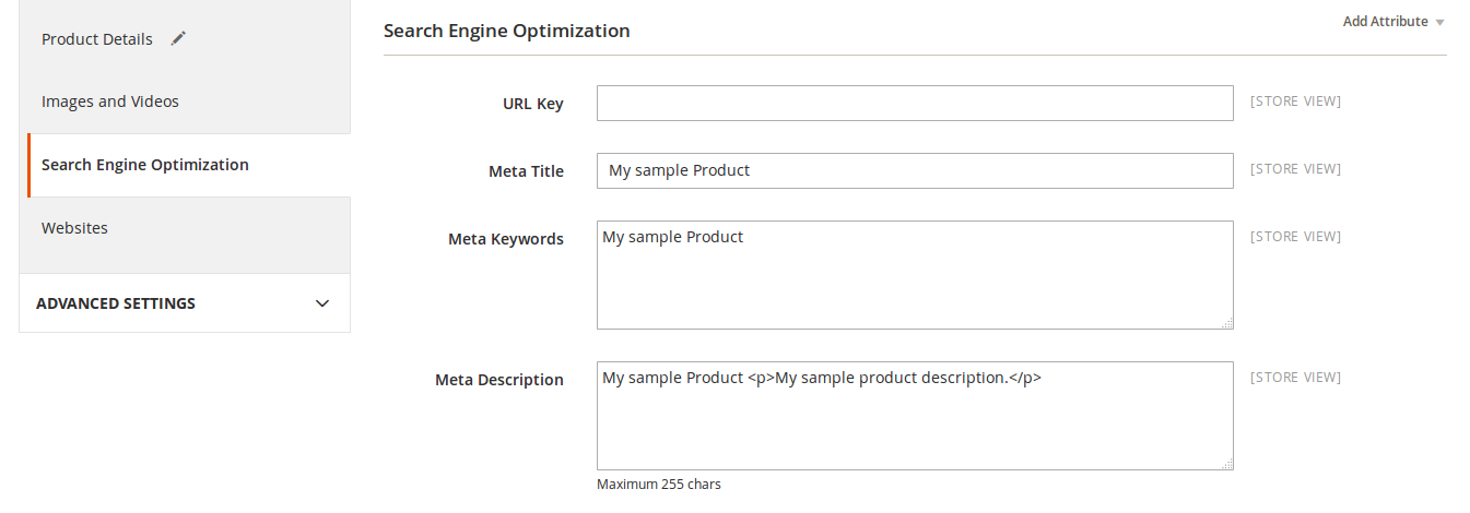 Atributos para SEO en Magento2