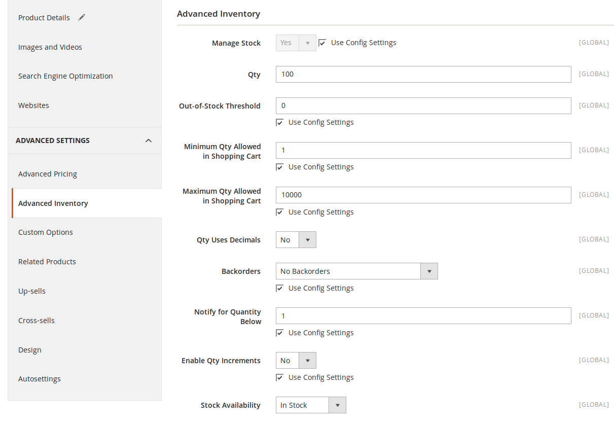 Configuración de stock en Magento2