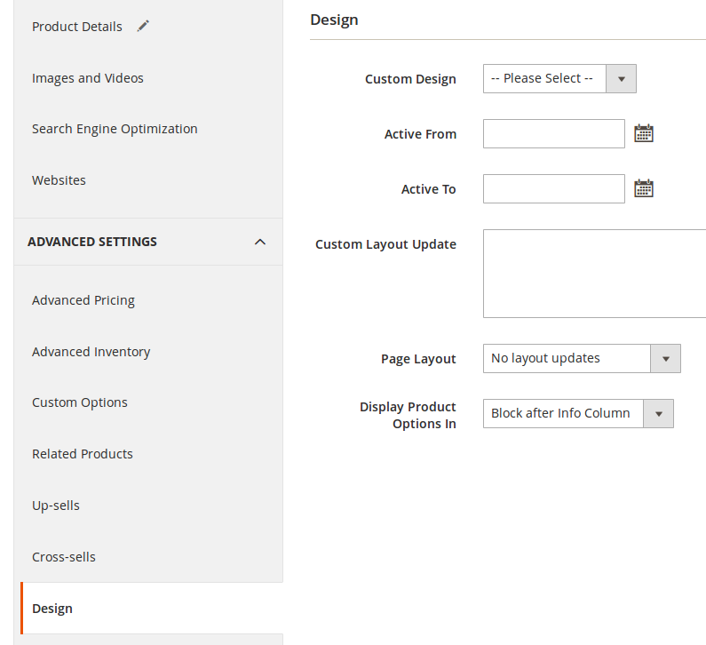 Configuración de diseño para los Productos en Magento2