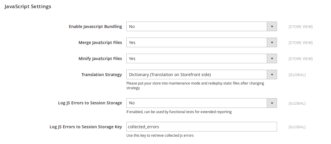 Opciones de configuración Javascript en Magento2