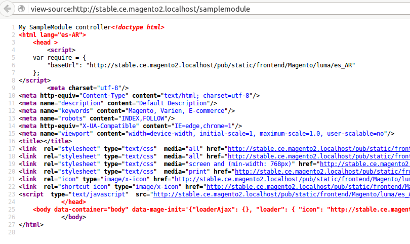 Código fuente de nuestro controller sin layout en Magento2